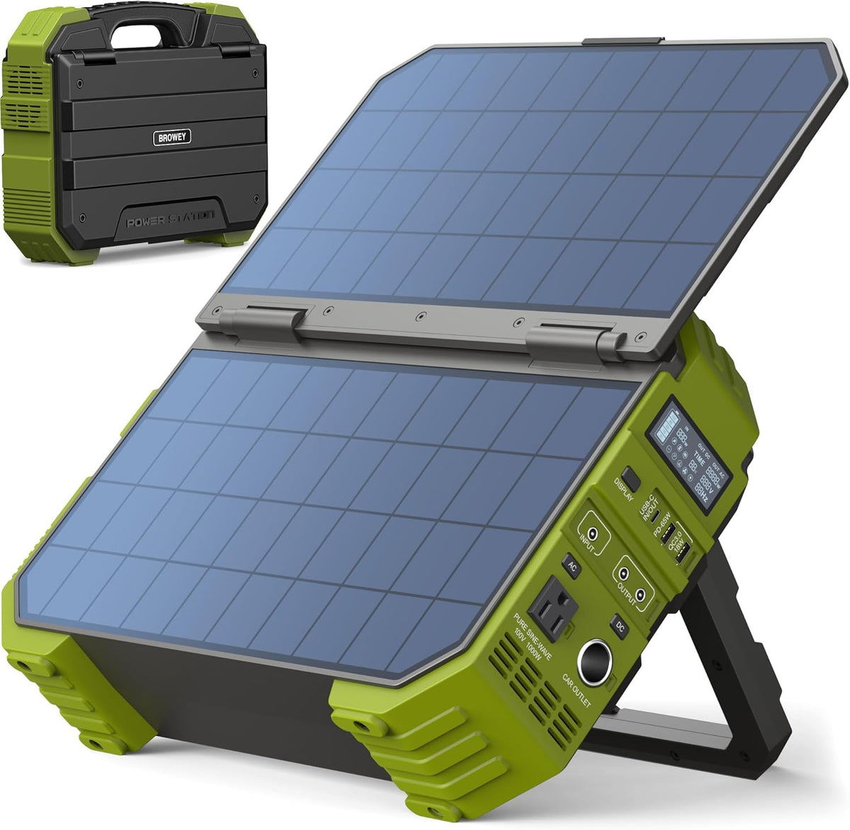 BROWEY Portable Power Station, 1000W (Peak 2000W) Solar Generator with Built-in Solar Panel, 614WH LiFePO4 Battery Pack, AC/DC/USB/PD Outputs, for Outdoor Camping, RV Travel, Emergency Preparedness