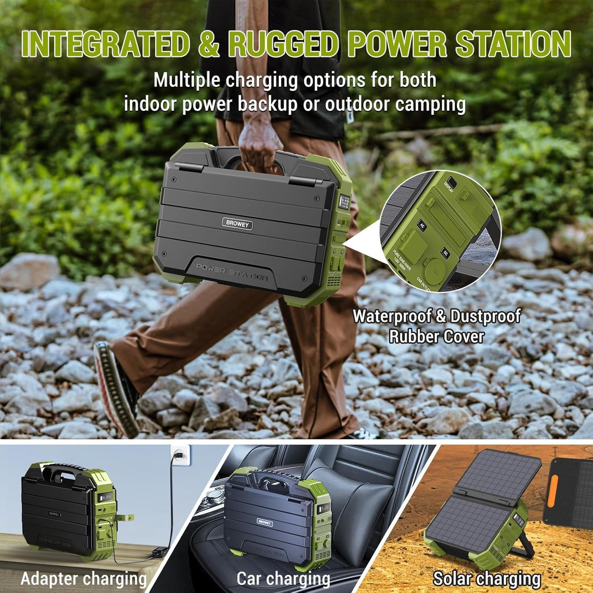BROWEY Portable Power Station, 1000W (Peak 2000W) Solar Generator with Built-in Solar Panel, 614WH LiFePO4 Battery Pack, AC/DC/USB/PD Outputs, for Outdoor Camping, RV Travel, Emergency Preparedness